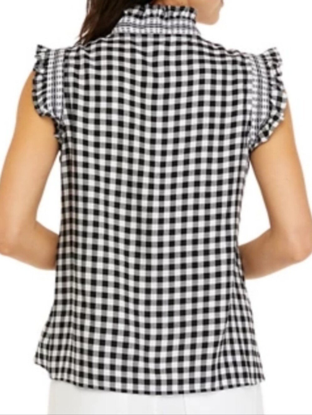 Crown & Ivy Black White Gingham Smocked Ruffle Sleeveless Top - Picture 2 of 12